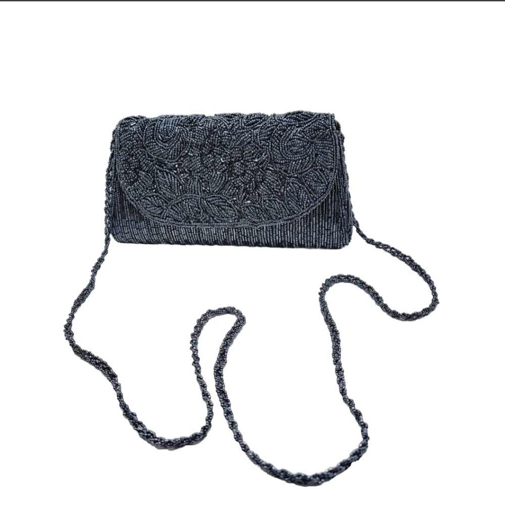Floral Beaded Navy Blue  Gray Party Mini Clutch  Shoulder Bag